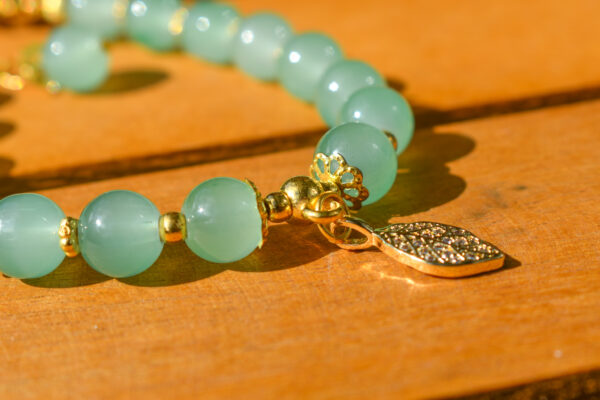 Jade Beaded Bracelet with Golden Leaf Charm - Image 4