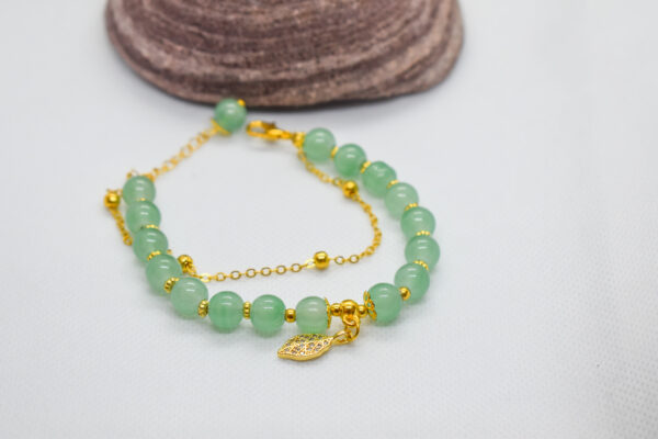 Jade Beaded Bracelet with Golden Leaf Charm - Image 3