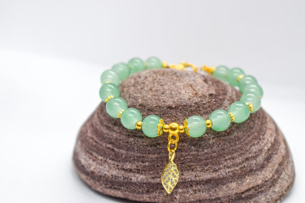 Jade Beaded Bracelet with Golden Leaf Charm - Image 2