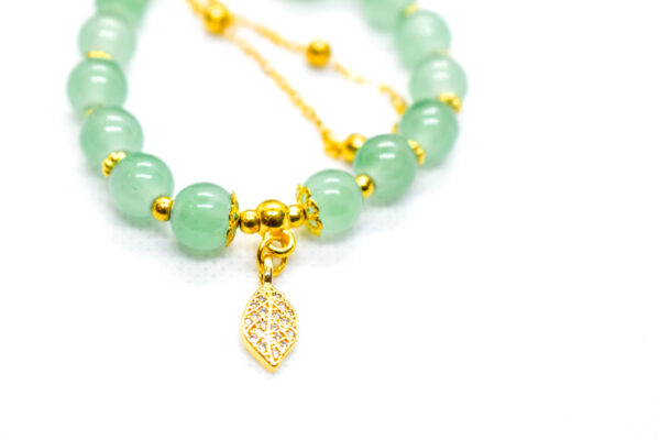 Jade Beaded Bracelet with Golden Leaf Charm