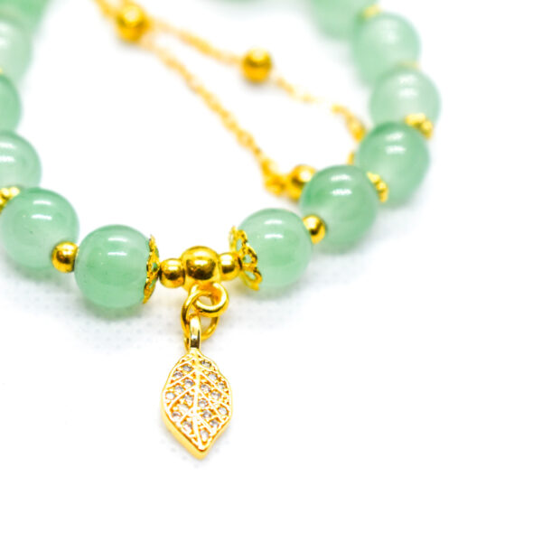 Jade Beaded Bracelet with Golden Leaf Charm