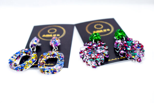 Party Earrings Duo : Tropical Leaf & Square Deco Drop Earrings