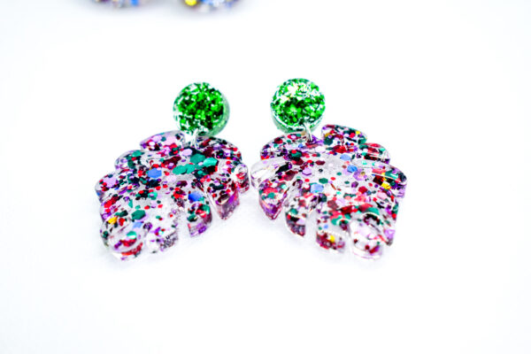 Party Earrings Duo : Tropical Leaf & Square Deco Drop Earrings - Image 4
